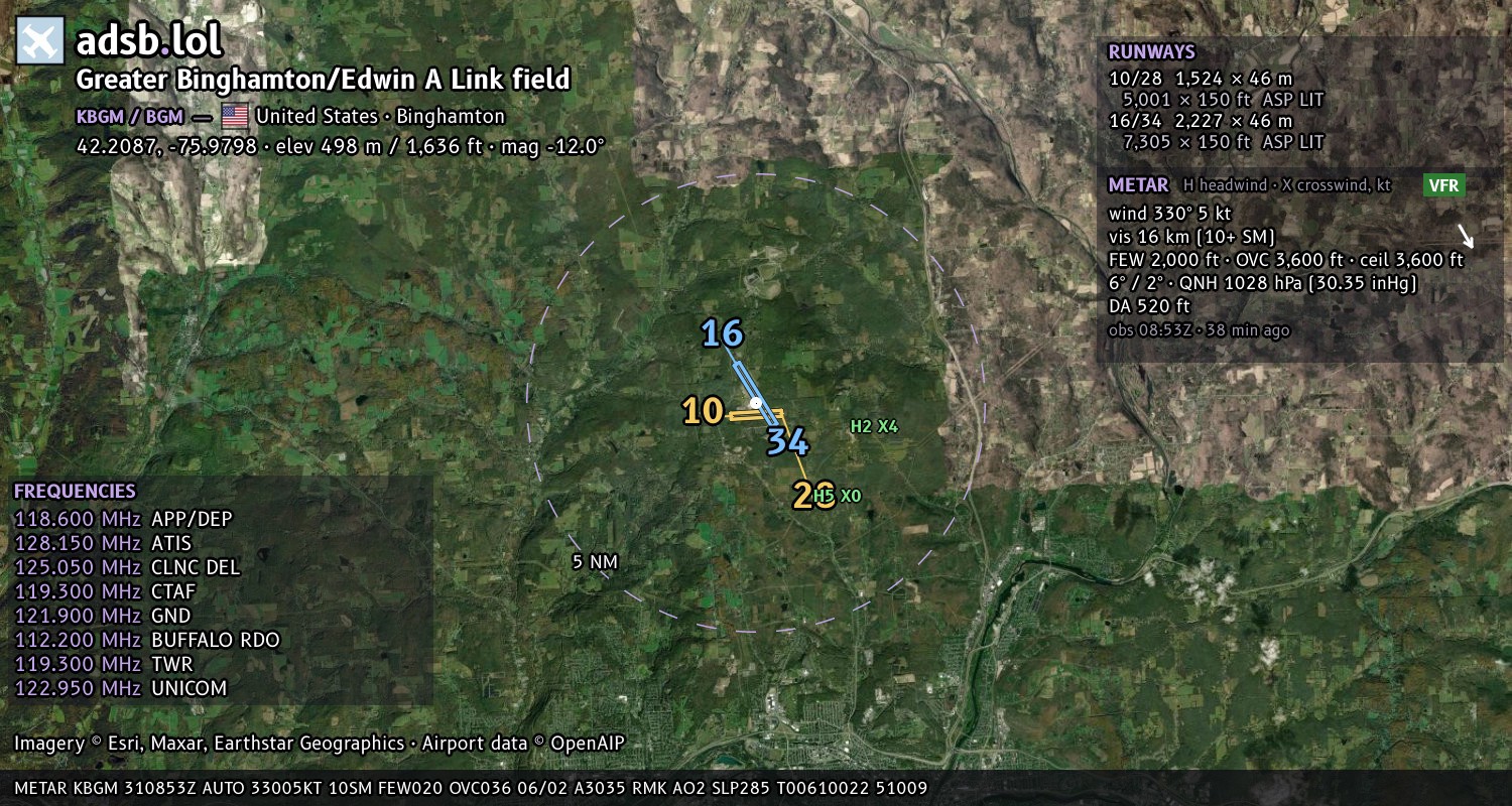 Satellite map with the runway layout of Greater Binghamton/Edwin A Link field (KBGM)
