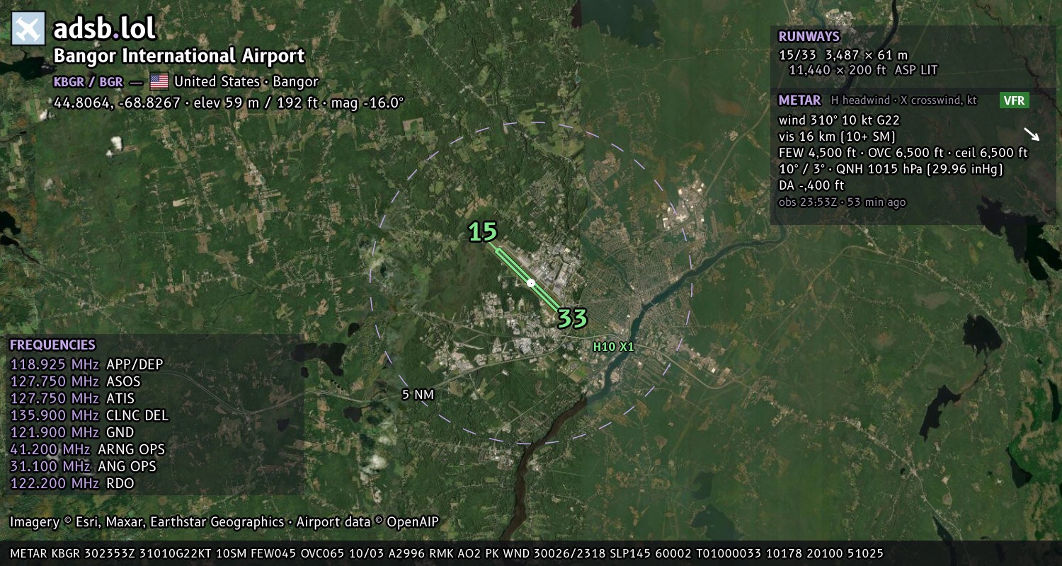 Satellite map with the runway layout of Bangor International Airport (KBGR)