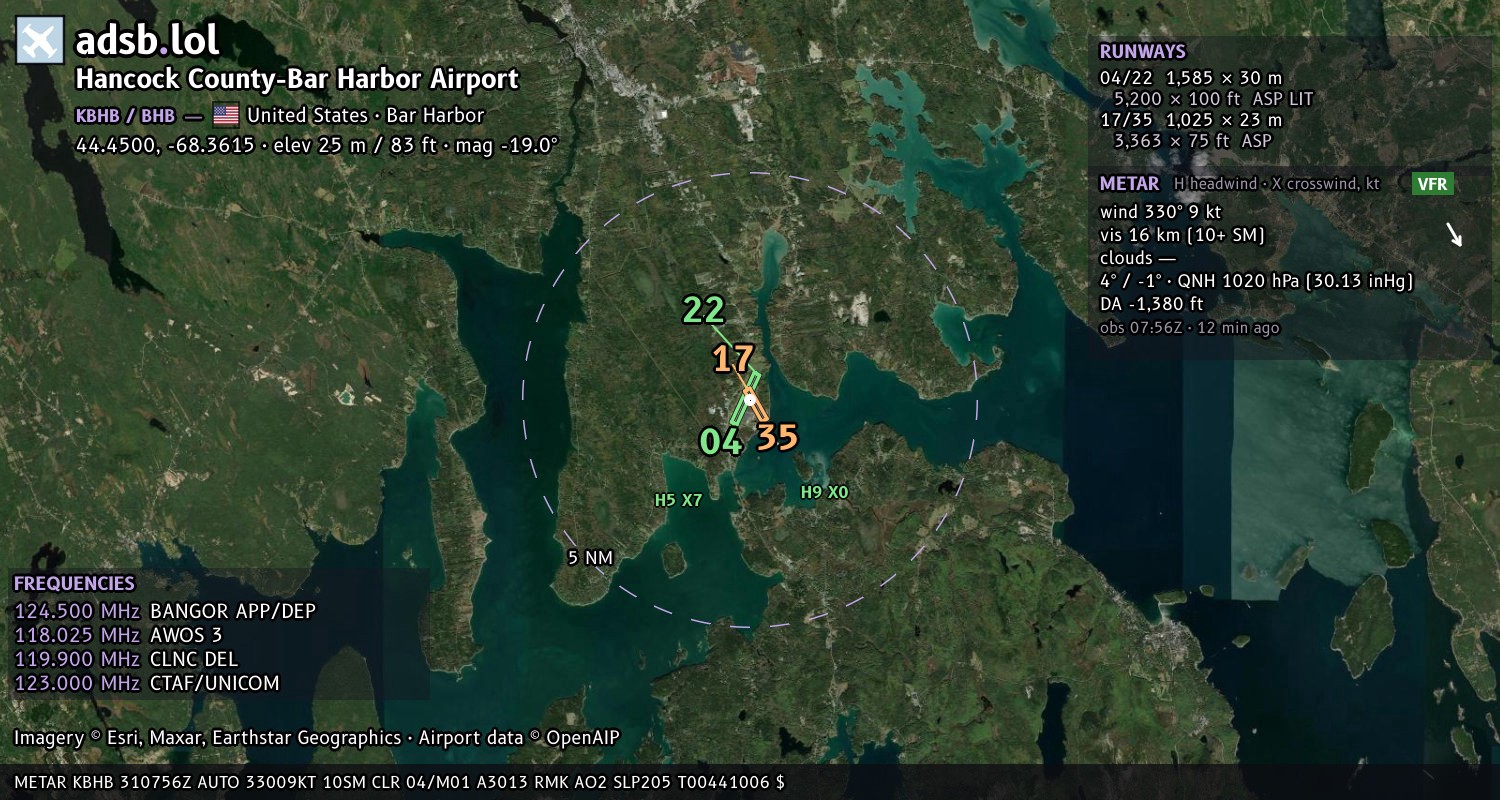 Satellite map with the runway layout of Hancock County-Bar Harbor Airport (KBHB)