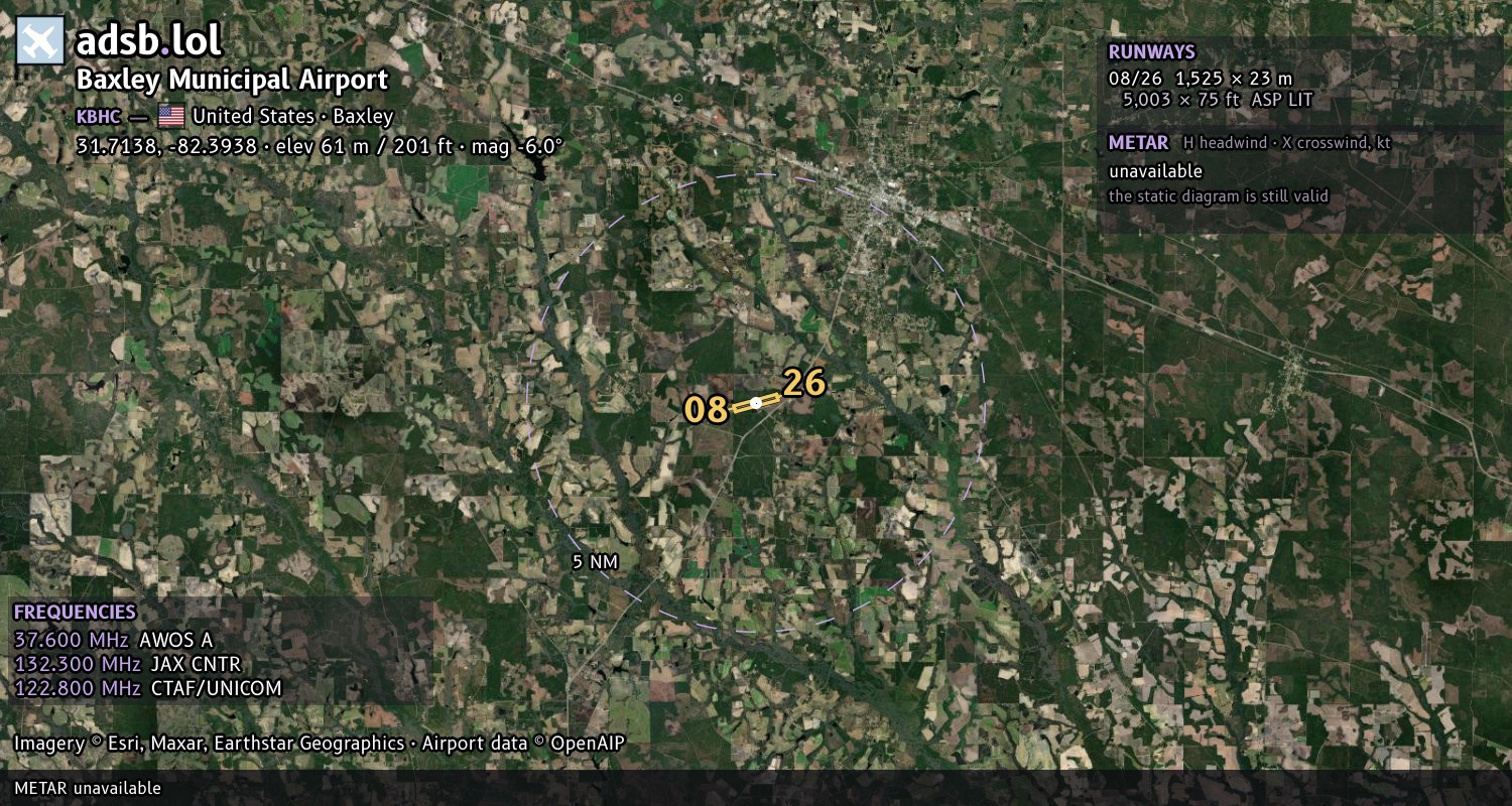 Satellite map with the runway layout of Baxley Municipal Airport (KBHC)