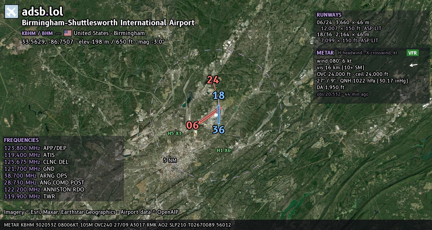 Satellite map with the runway layout of Birmingham-Shuttlesworth International Airport (KBHM)