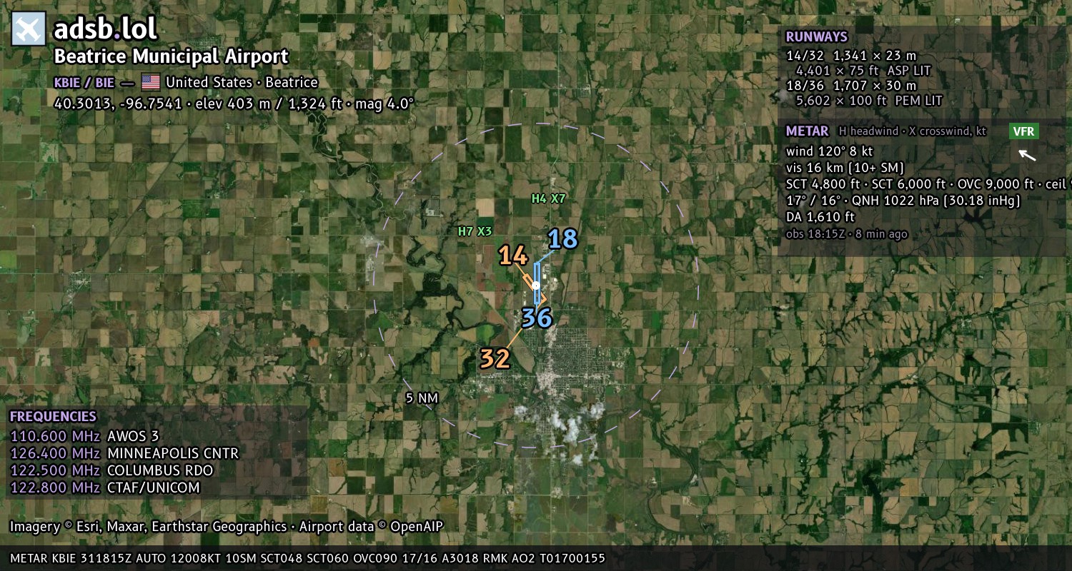 Satellite map with the runway layout of Beatrice Municipal Airport (KBIE)