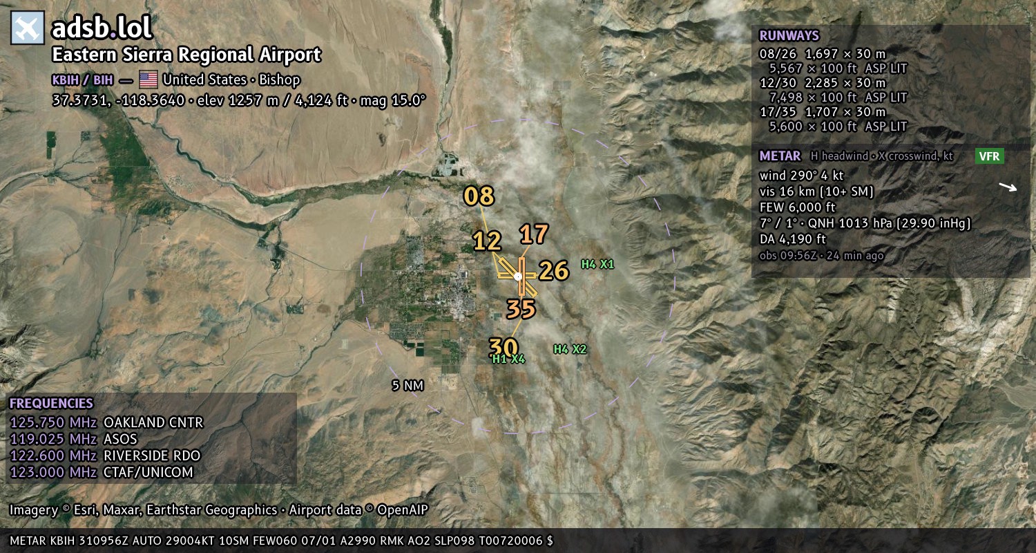 Satellite map with the runway layout of Eastern Sierra Regional Airport (KBIH)