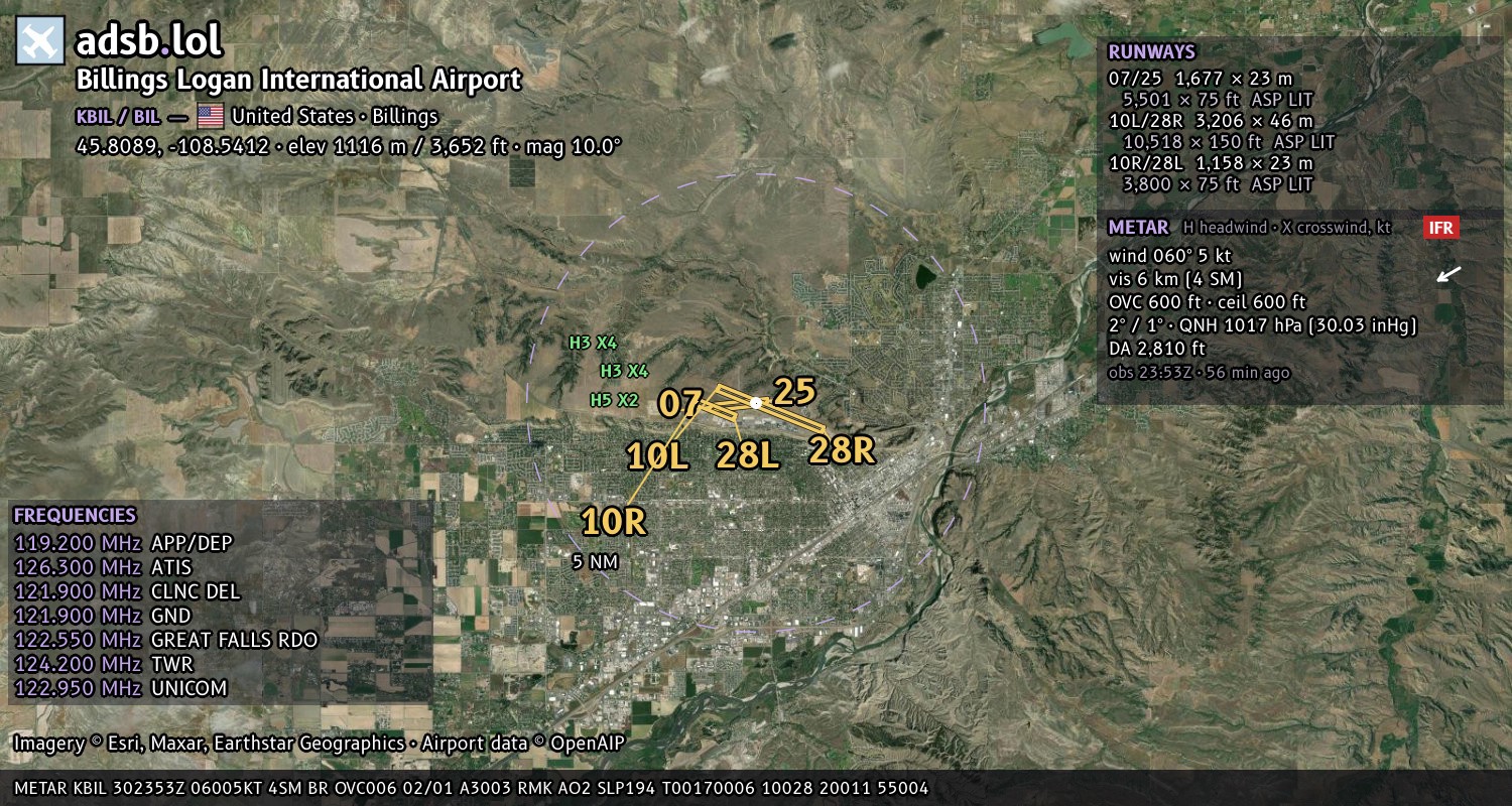 Satellite map with the runway layout of Billings Logan International Airport (KBIL)