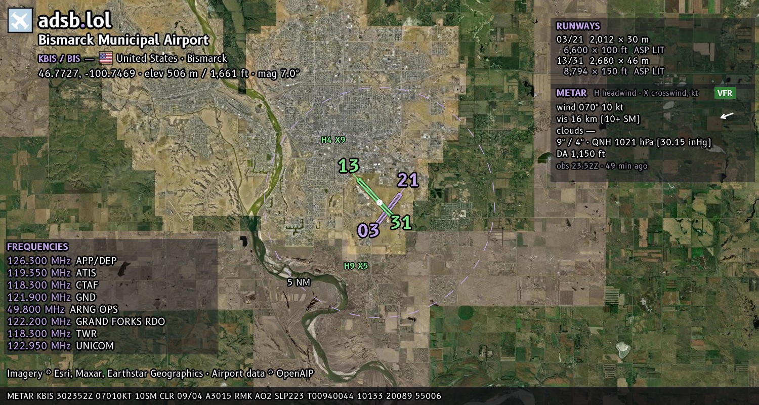 Satellite map with the runway layout of Bismarck Municipal Airport (KBIS)