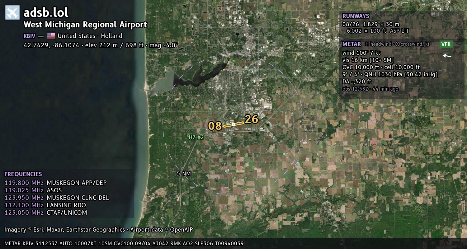 Satellite map with the runway layout of West Michigan Regional Airport (KBIV)