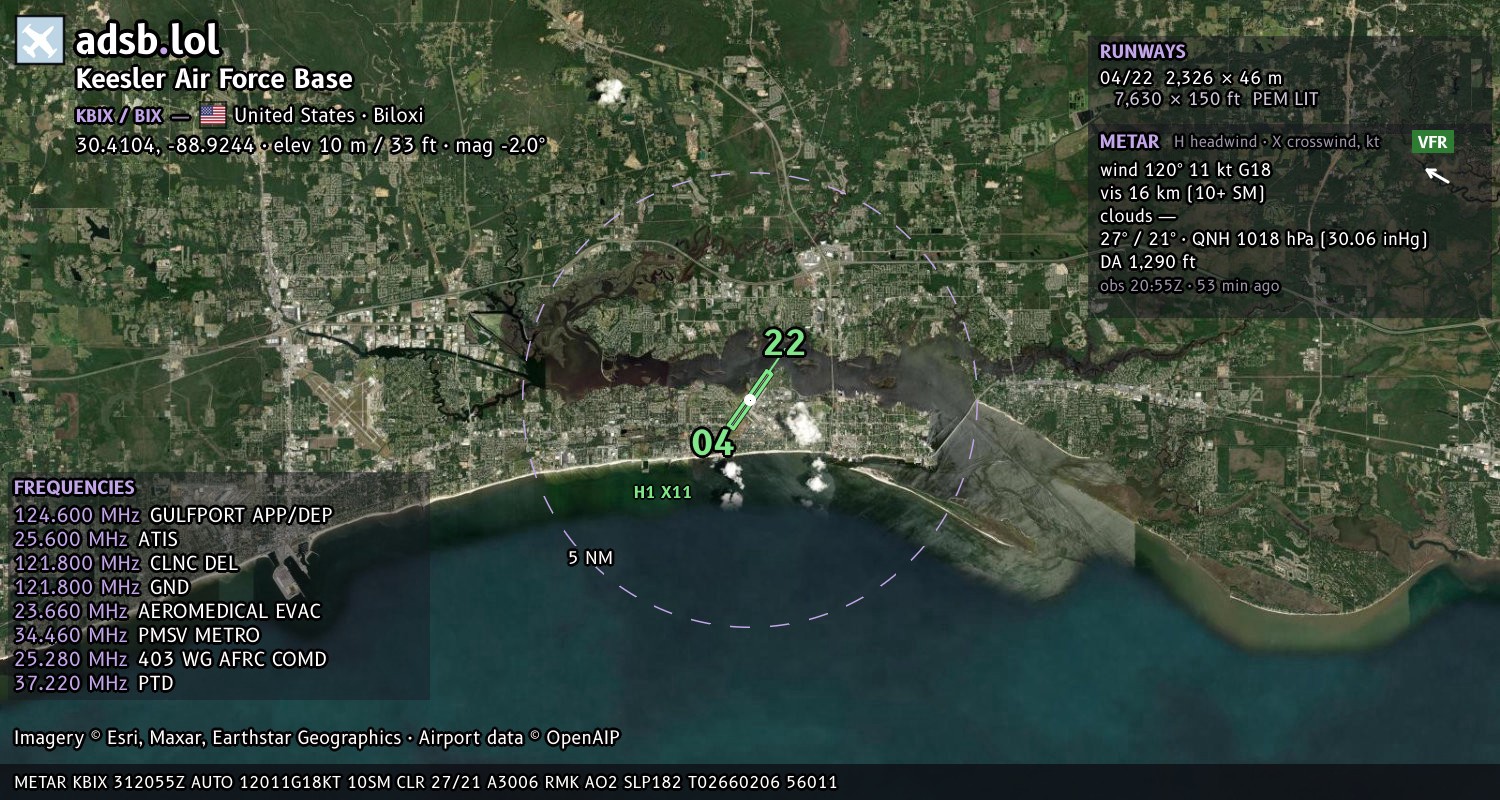 Satellite map with the runway layout of Keesler Air Force Base (KBIX)