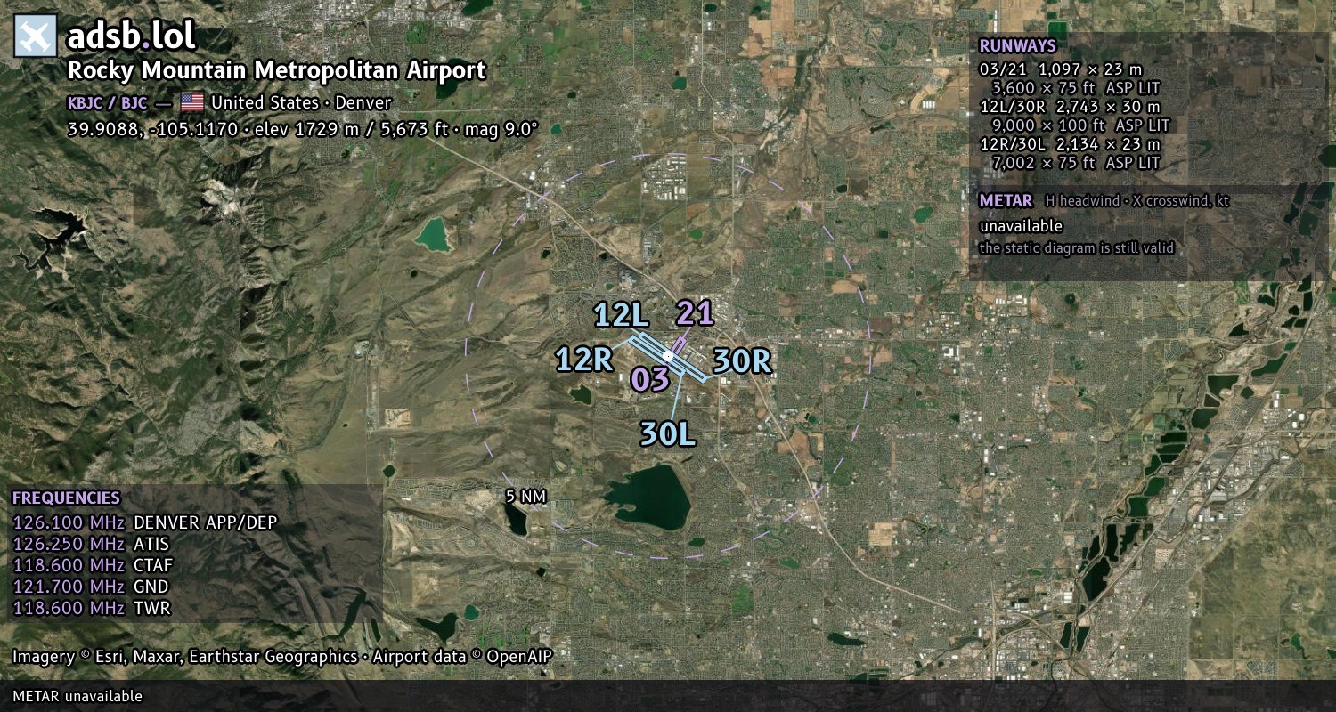 Satellite map with the runway layout of Rocky Mountain Metropolitan Airport (KBJC)