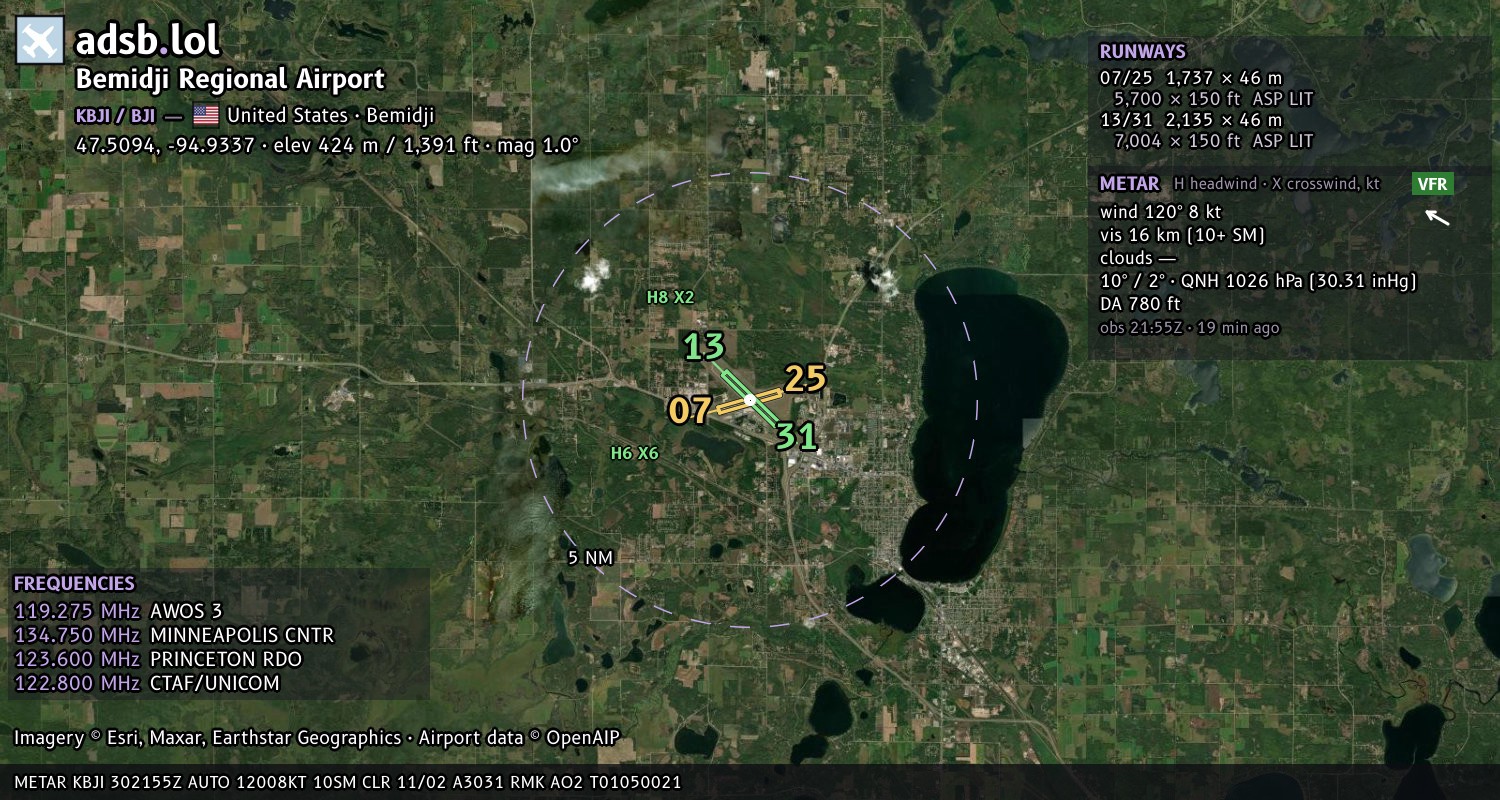 Satellite map with the runway layout of Bemidji Regional Airport (KBJI)