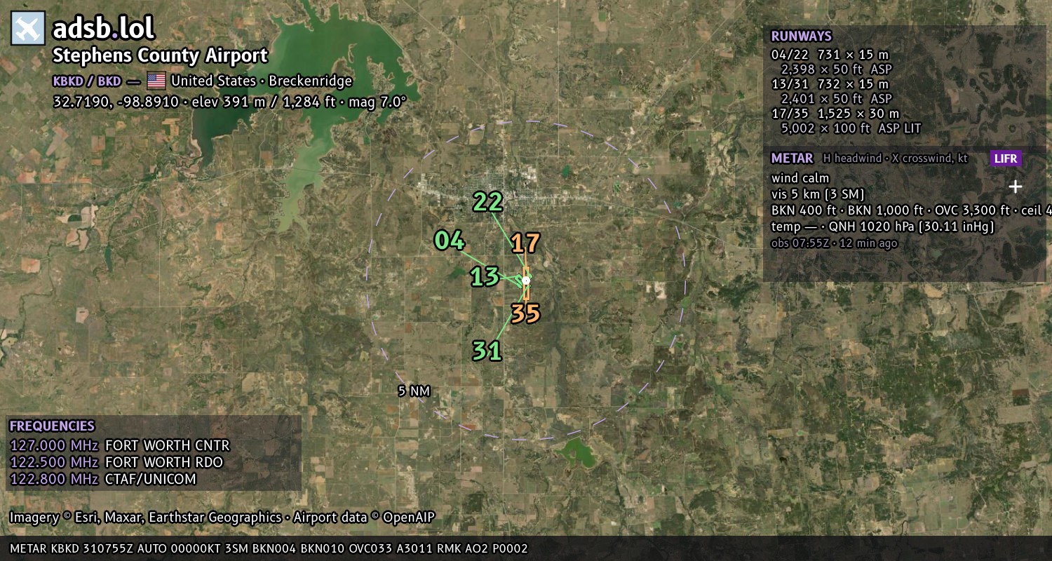 Satellite map with the runway layout of Stephens County Airport (KBKD)