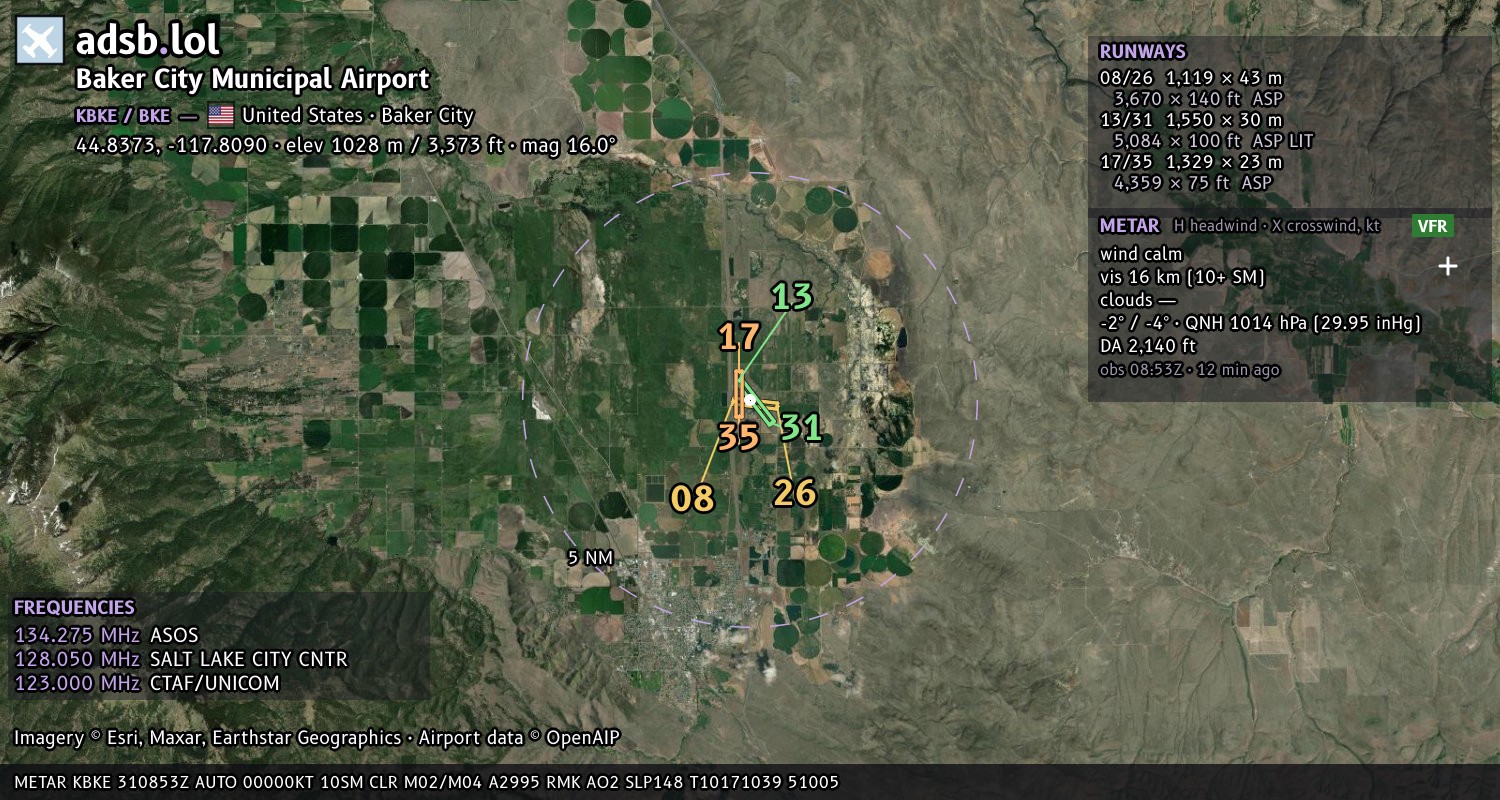 Satellite map with the runway layout of Baker City Municipal Airport (KBKE)