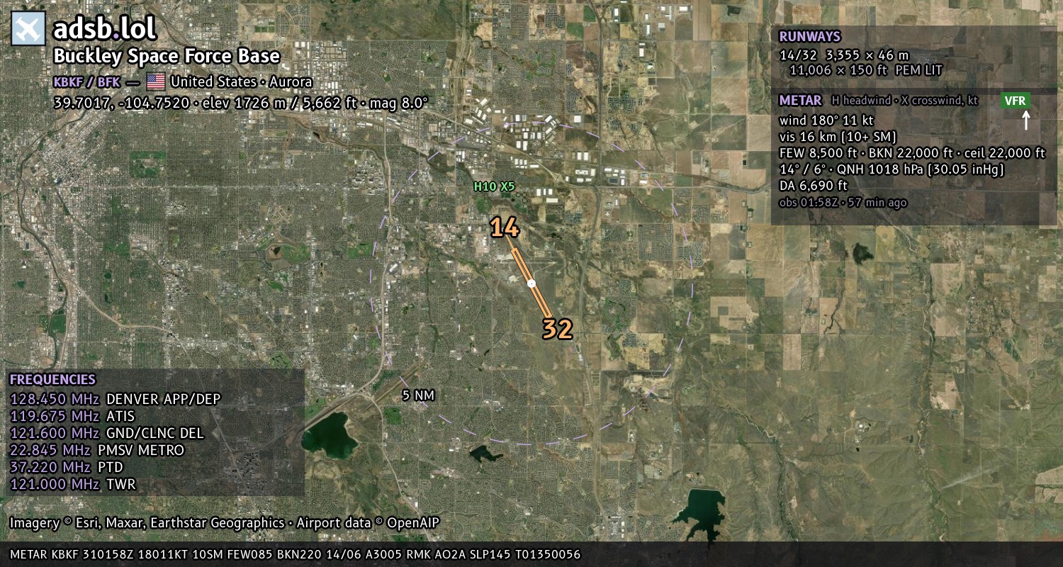 Satellite map with the runway layout of Buckley Space Force Base (KBKF)