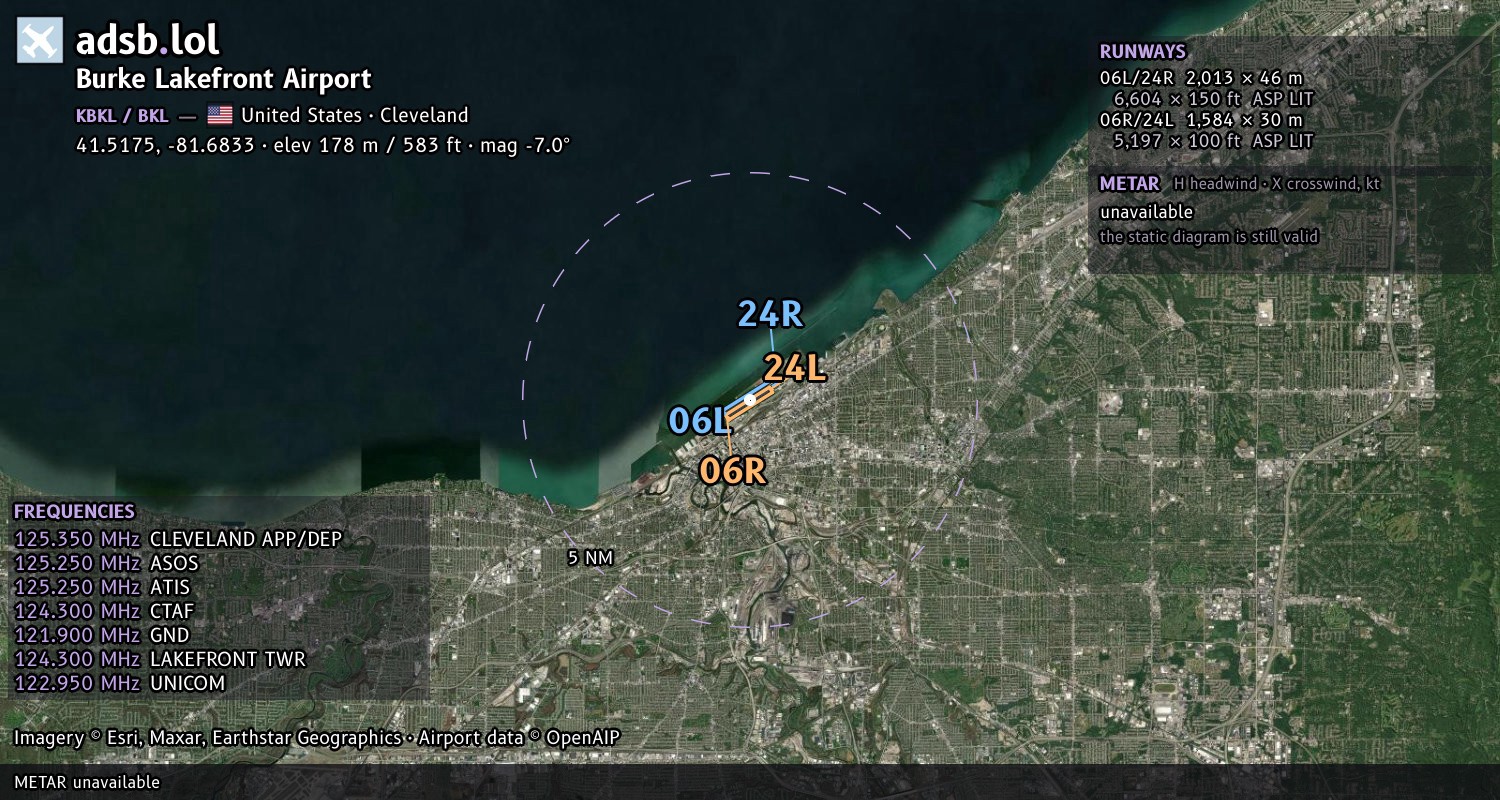 Satellite map with the runway layout of Burke Lakefront Airport (KBKL)