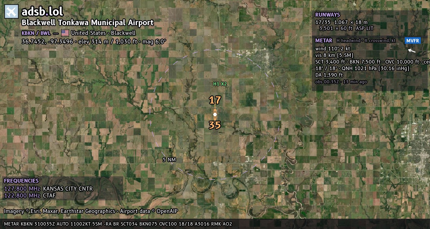 Satellite map with the runway layout of Blackwell Tonkawa Municipal Airport (KBKN)