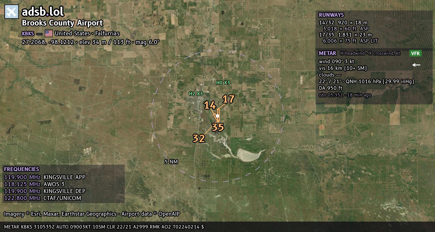 Satellite map with the runway layout of Brooks County Airport (KBKS)