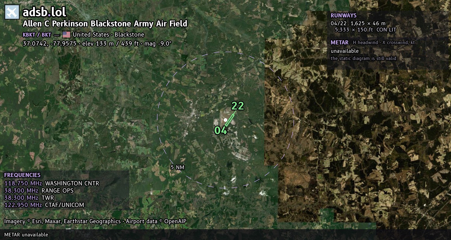 Satellite map with the runway layout of Allen C Perkinson Blackstone Army Air Field (KBKT)
