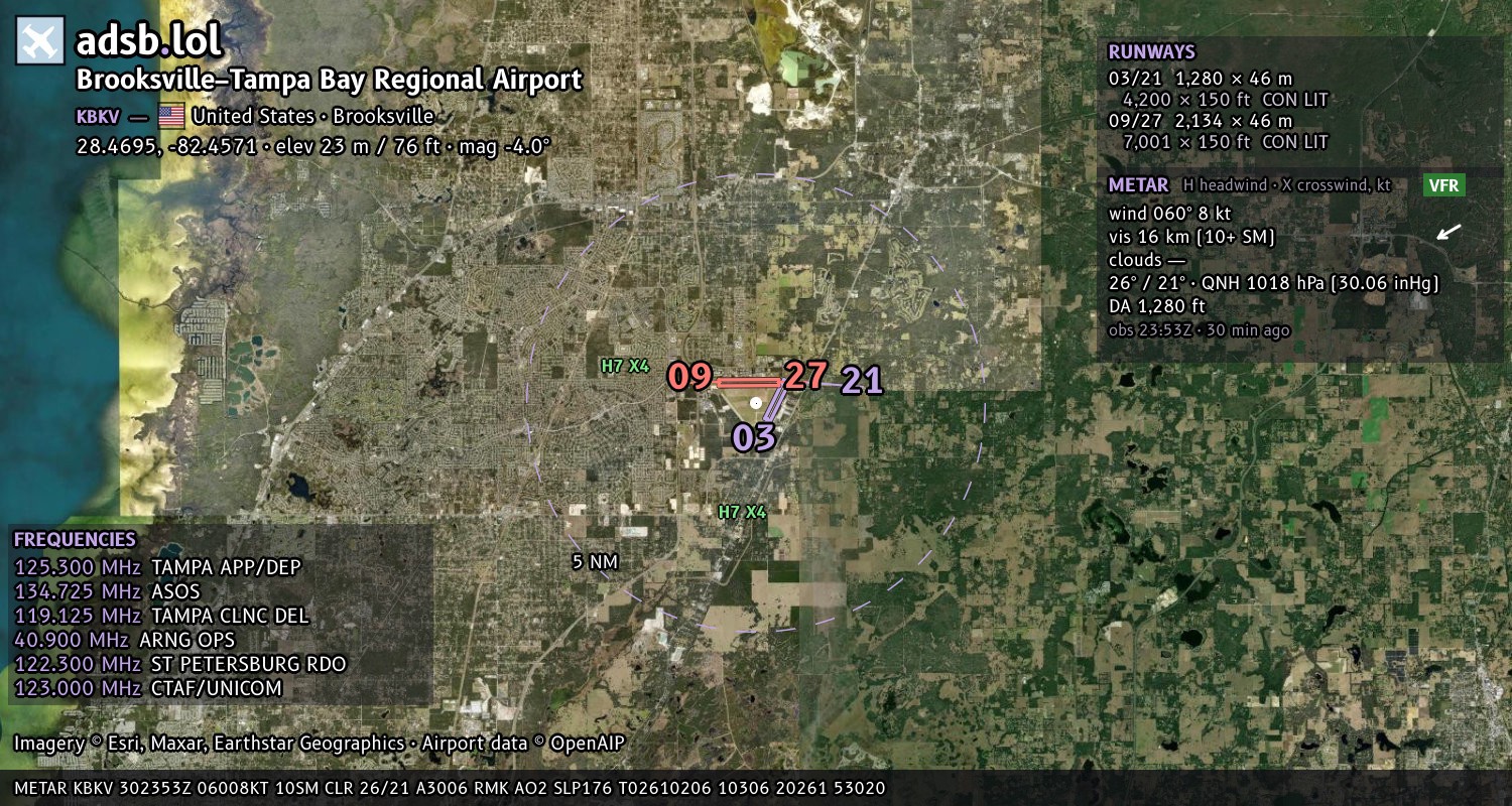 Satellite map with the runway layout of Brooksville–Tampa Bay Regional Airport (KBKV)