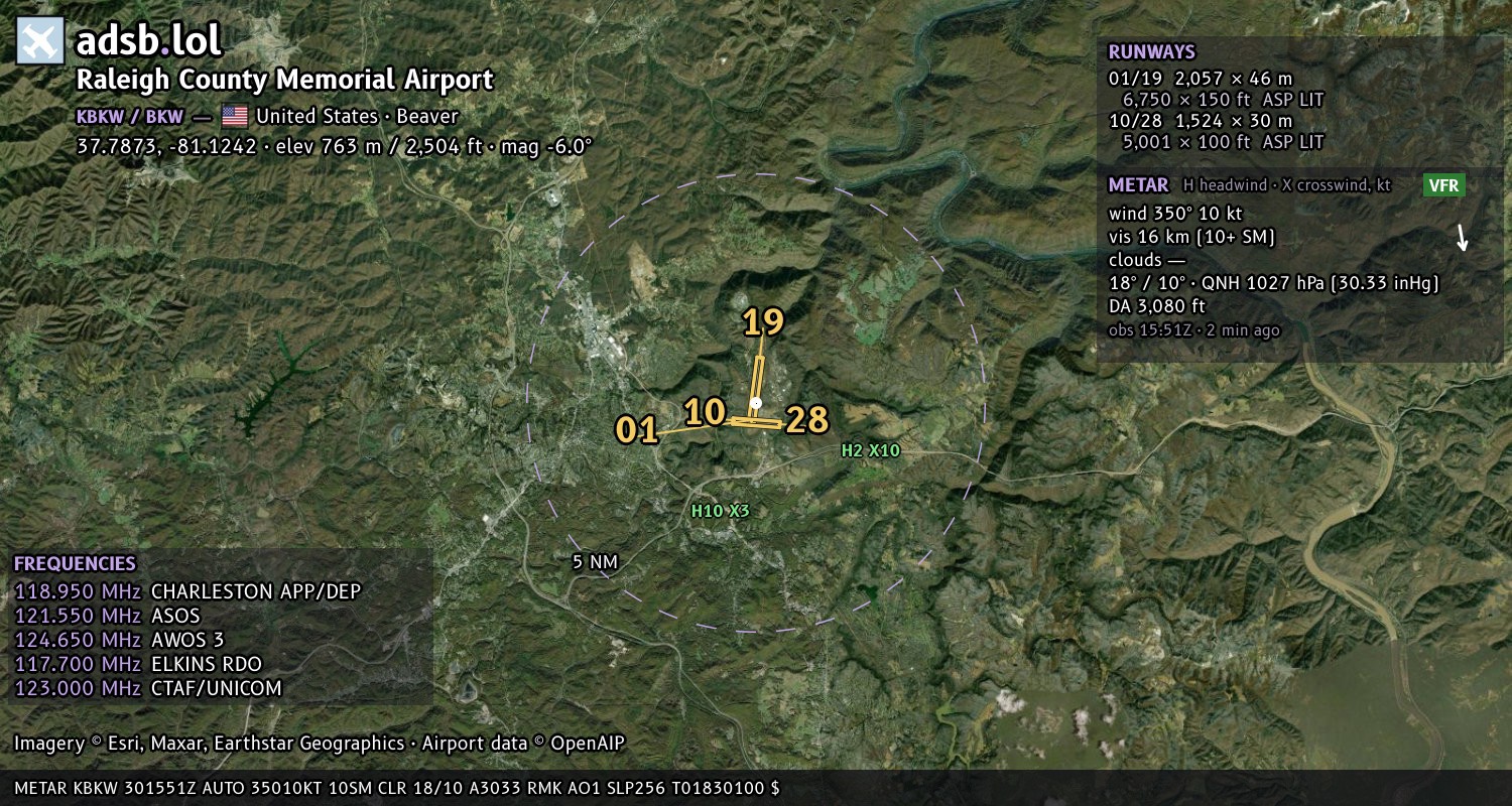 Satellite map with the runway layout of Raleigh County Memorial Airport (KBKW)