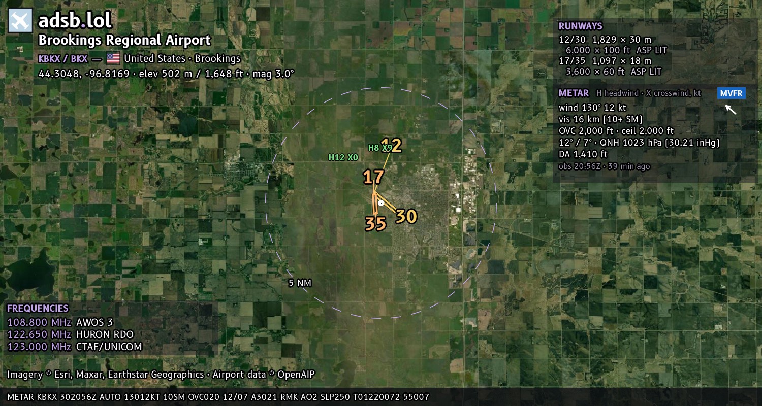 Satellite map with the runway layout of Brookings Regional Airport (KBKX)