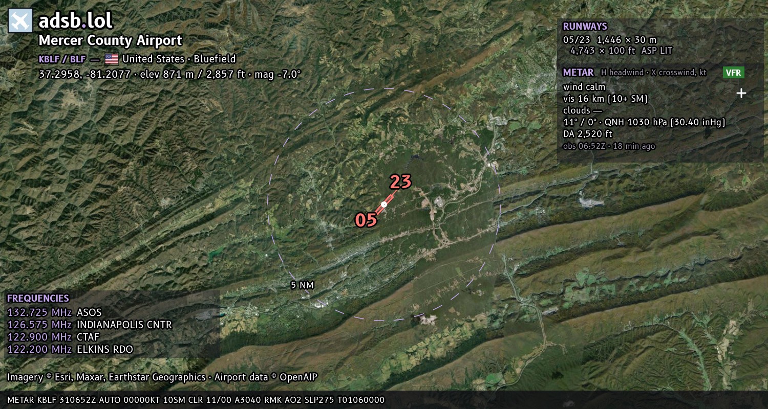 Satellite map with the runway layout of Mercer County Airport (KBLF)