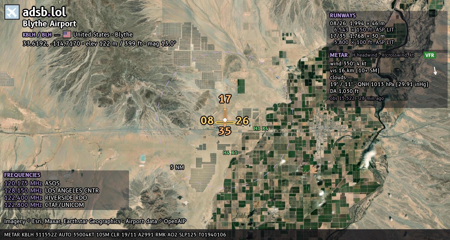 Satellite map with the runway layout of Blythe Airport (KBLH)