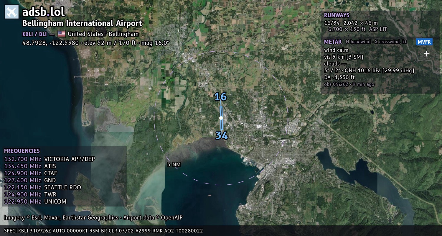 Satellite map with the runway layout of Bellingham International Airport (KBLI)