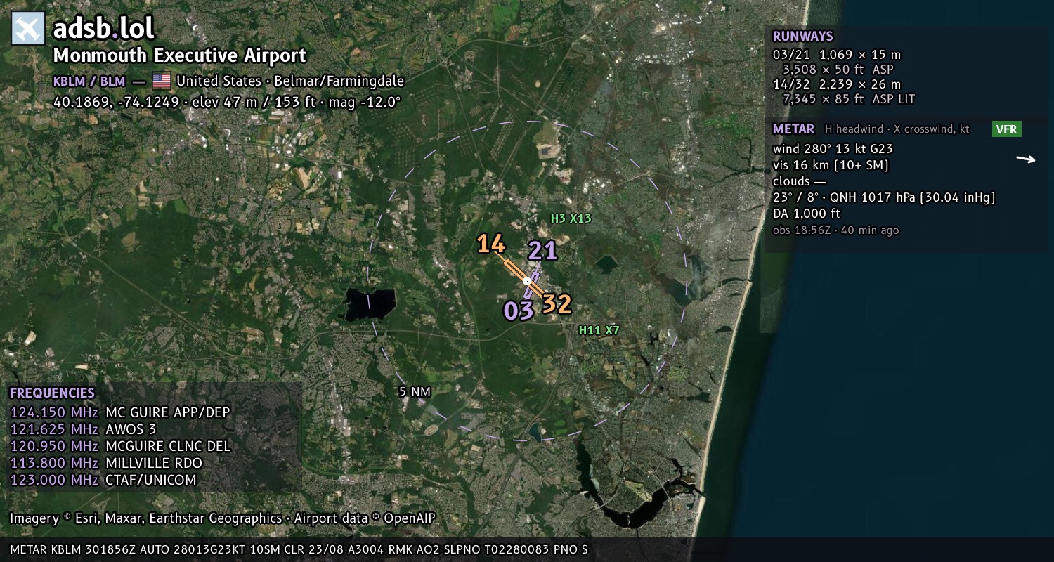 Satellite map with the runway layout of Monmouth Executive Airport (KBLM)