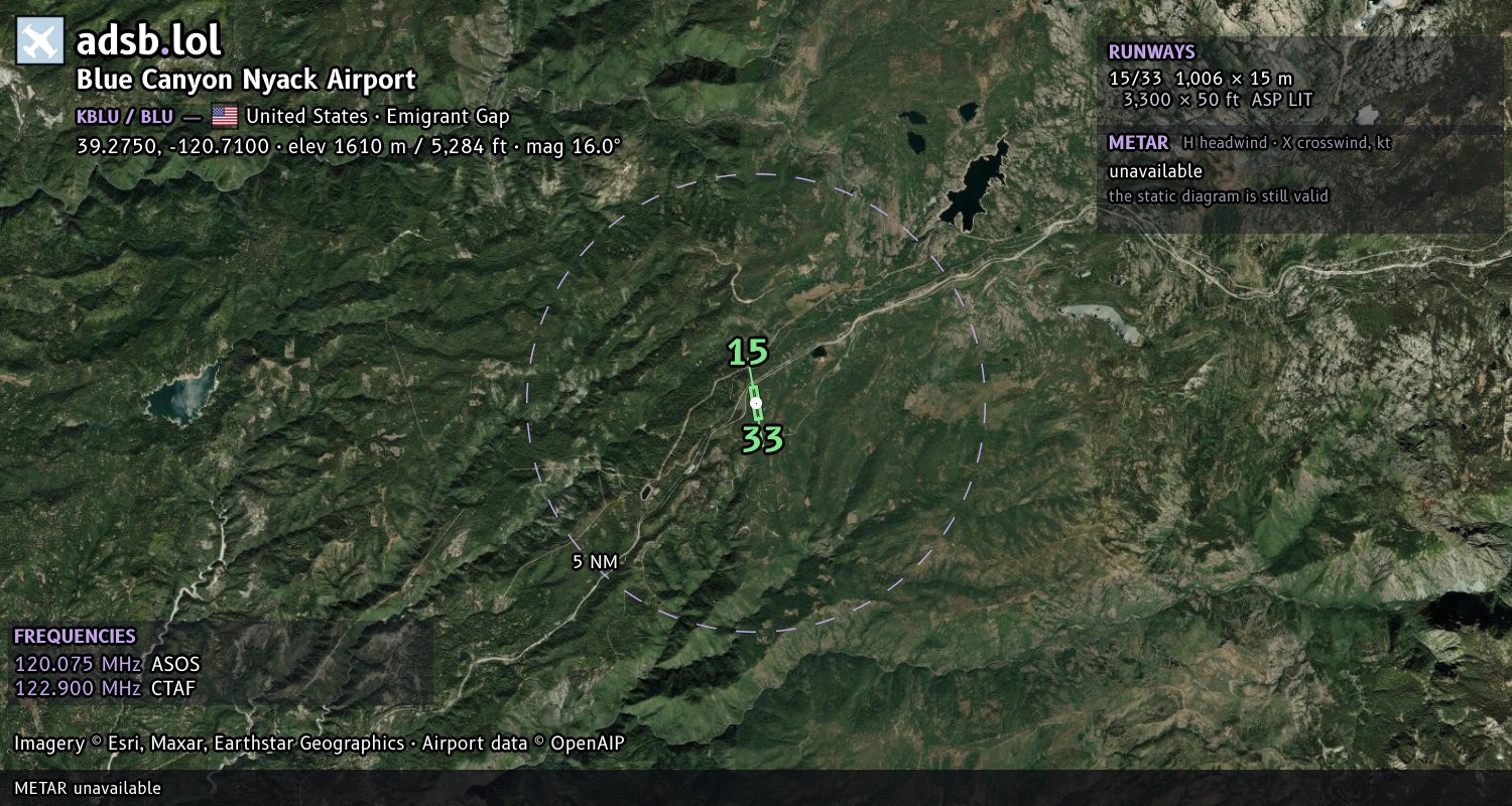 Satellite map with the runway layout of Blue Canyon Nyack Airport (KBLU)