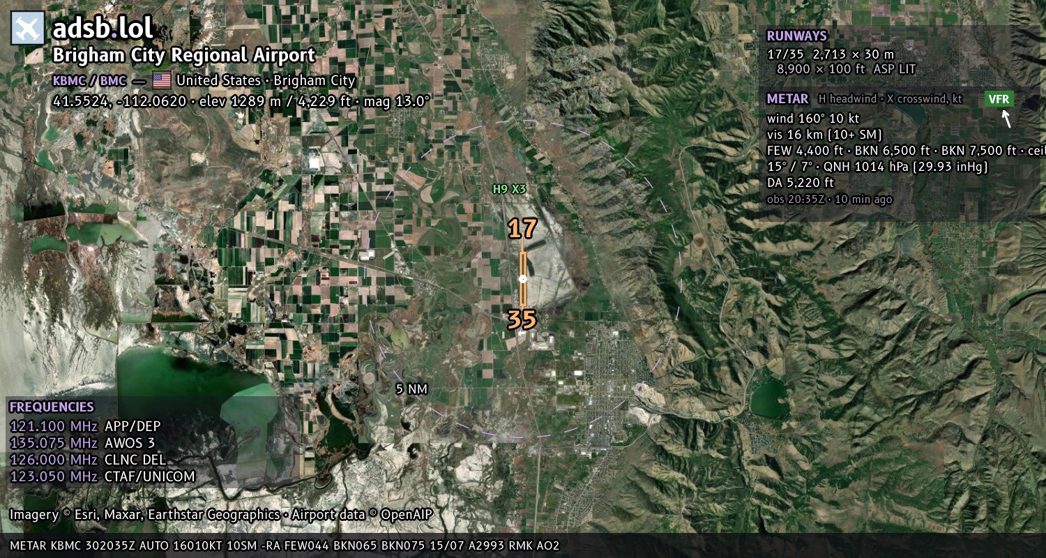 Satellite map with the runway layout of Brigham City Regional Airport (KBMC)