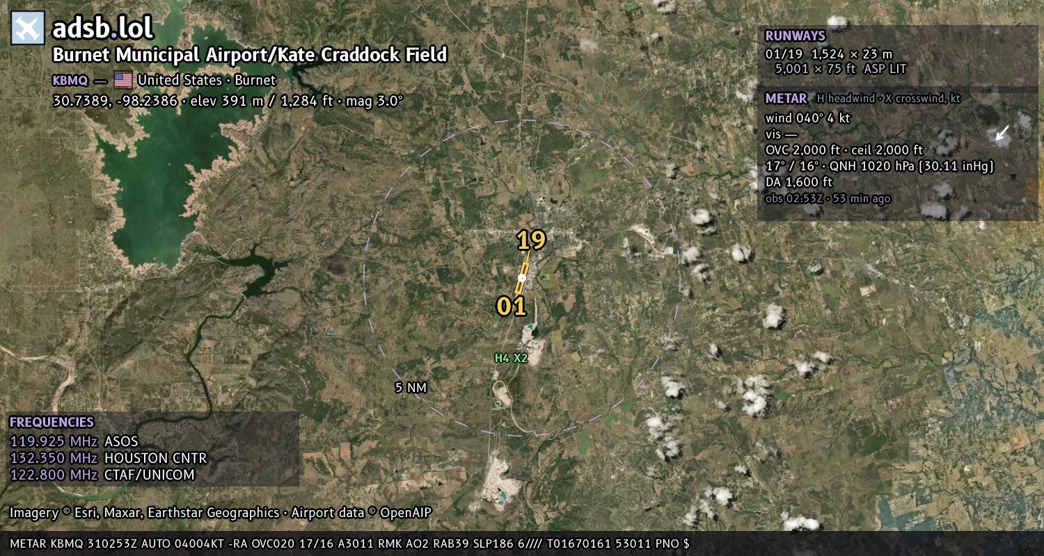 Satellite map with the runway layout of Burnet Municipal Airport/Kate Craddock Field (KBMQ)