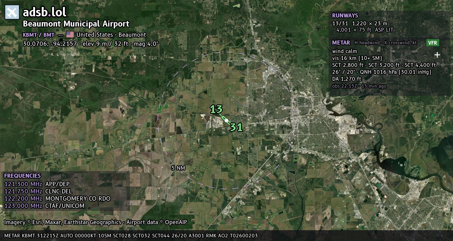 Satellite map with the runway layout of Beaumont Municipal Airport (KBMT)