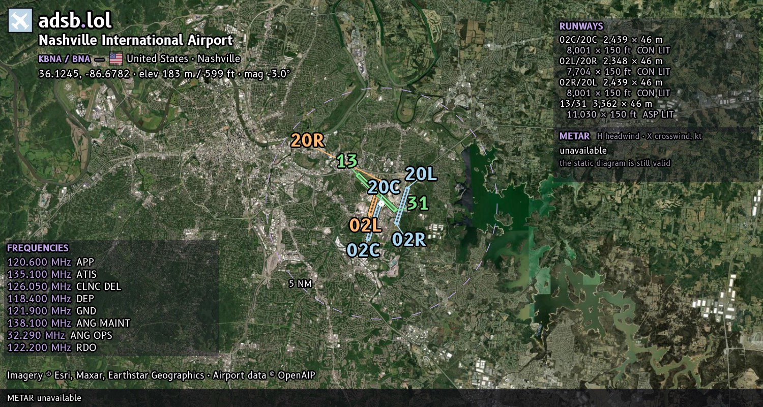 Satellite map with the runway layout of Nashville International Airport (KBNA)