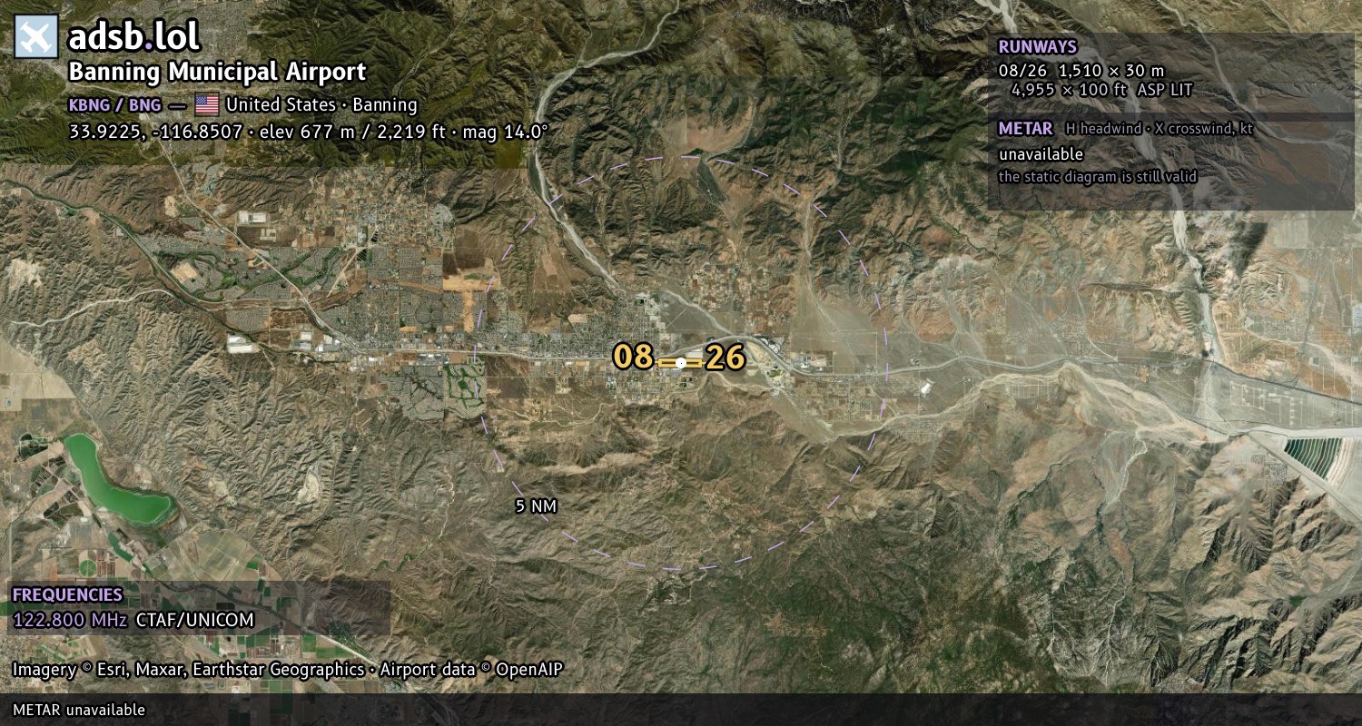 Satellite map with the runway layout of Banning Municipal Airport (KBNG)