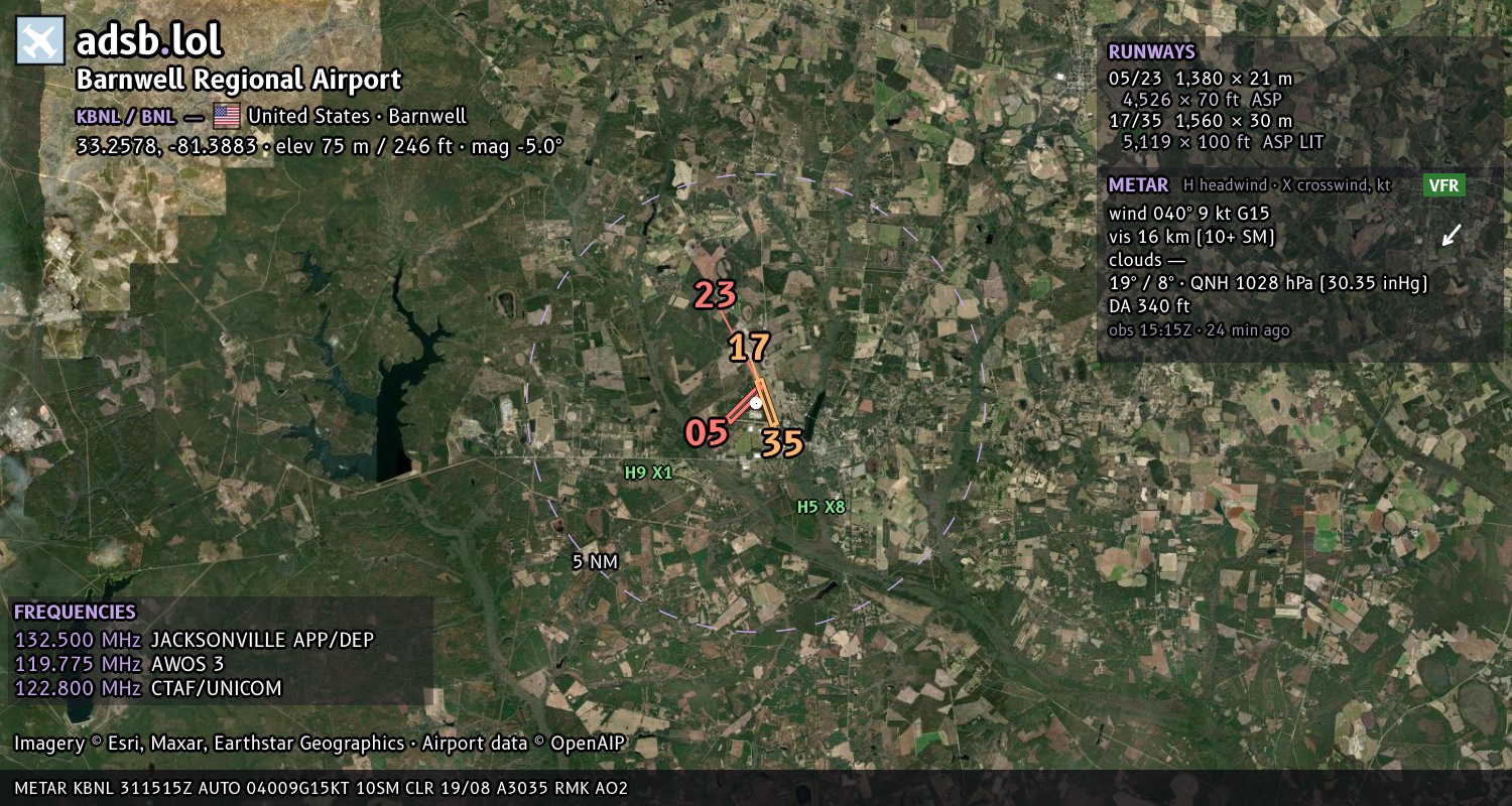 Satellite map with the runway layout of Barnwell Regional Airport (KBNL)