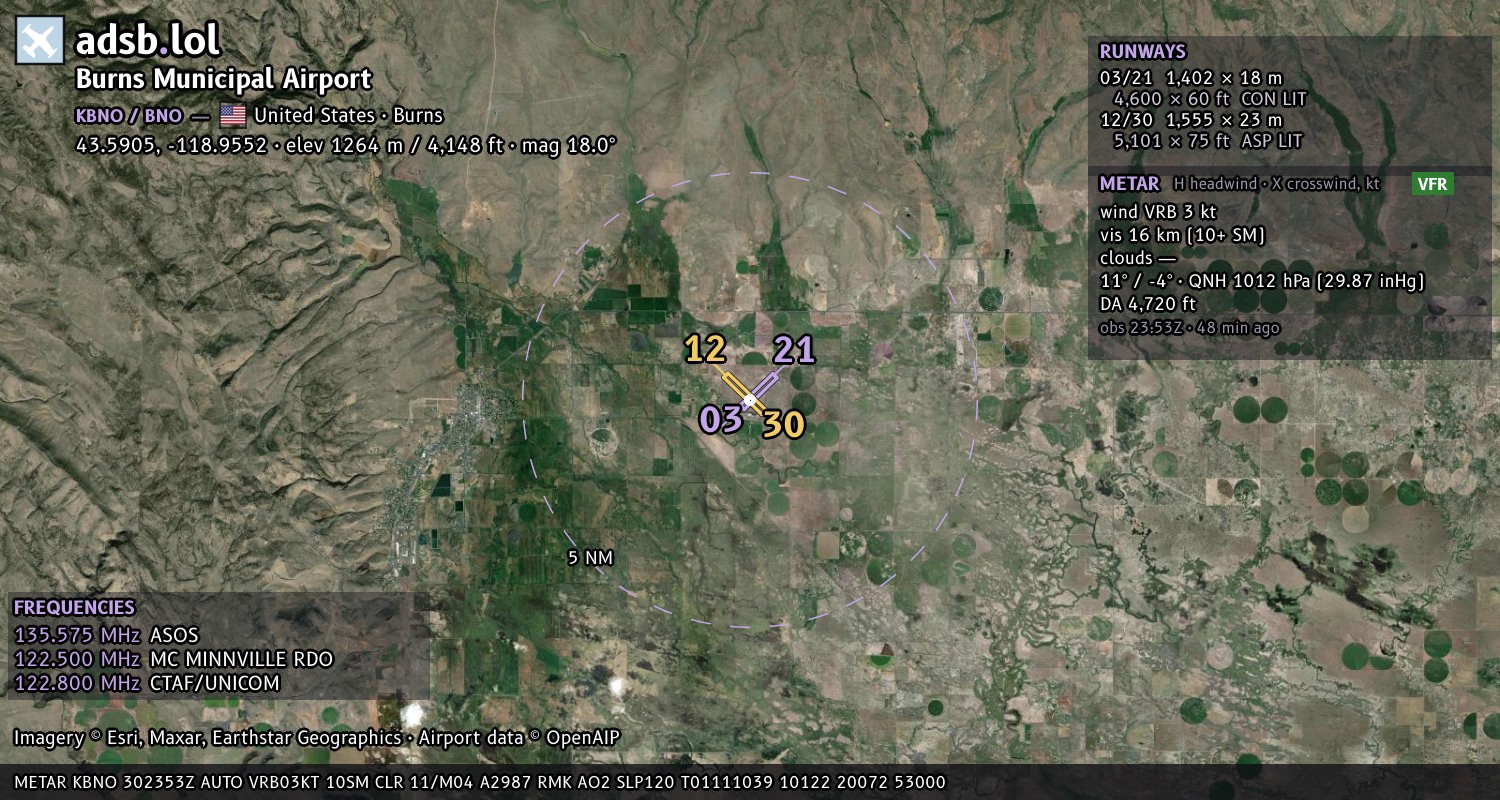 Satellite map with the runway layout of Burns Municipal Airport (KBNO)