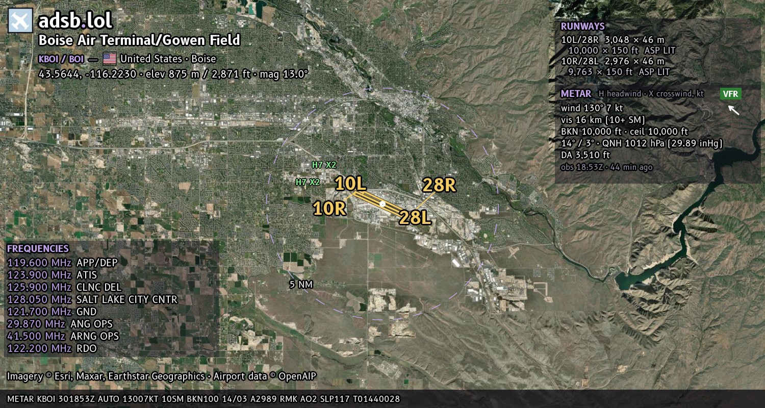 Satellite map with the runway layout of Boise Air Terminal/Gowen Field (KBOI)