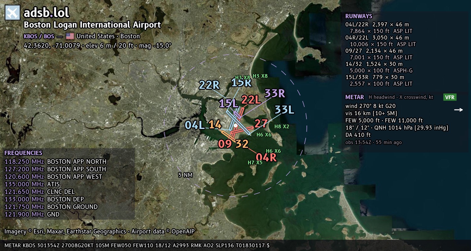 Satellite map with the runway layout of Boston Logan International Airport (KBOS)