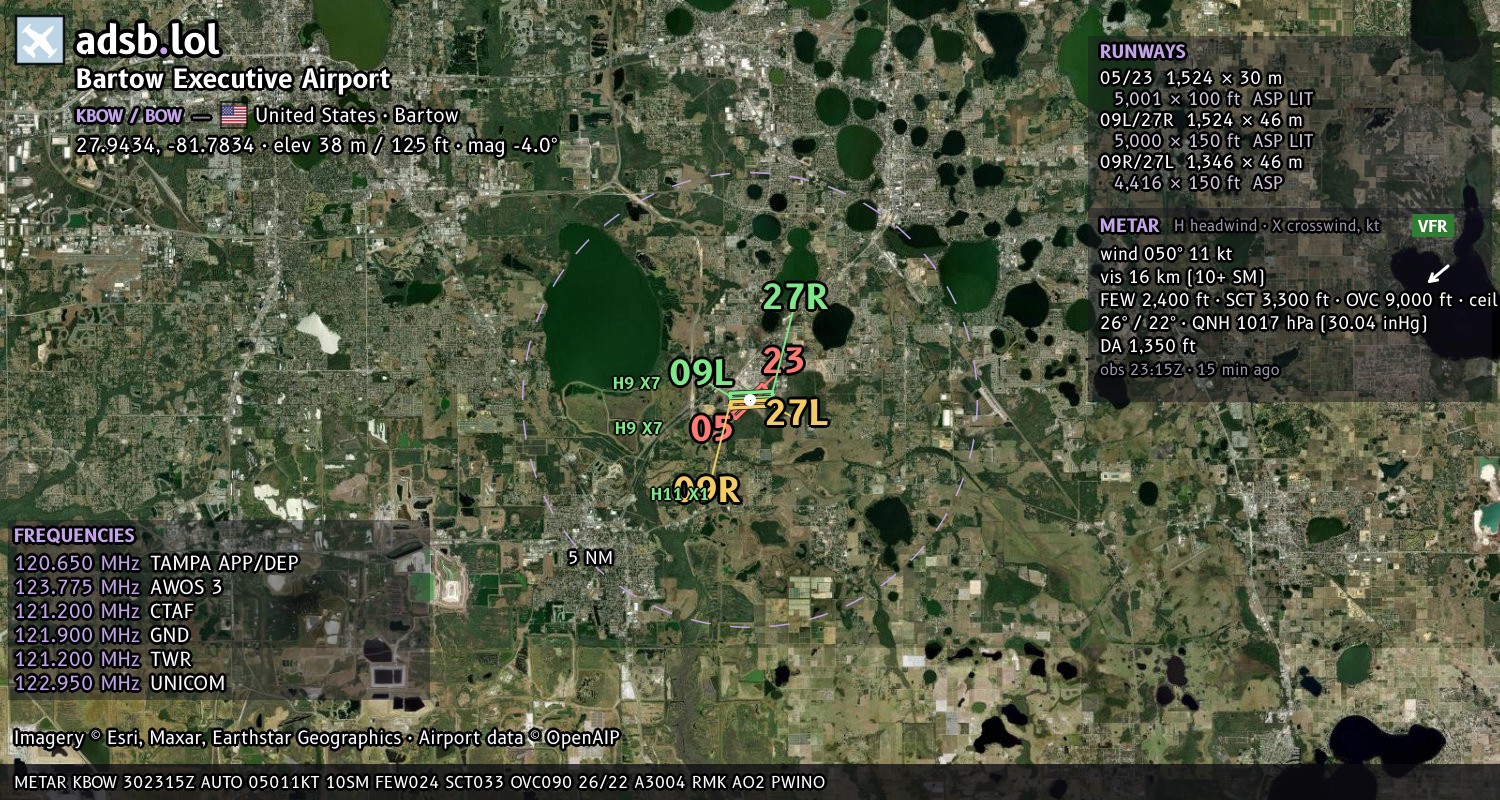 Satellite map with the runway layout of Bartow Executive Airport (KBOW)