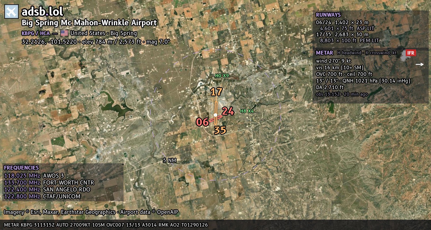 Satellite map with the runway layout of Big Spring Mc Mahon-Wrinkle Airport (KBPG)