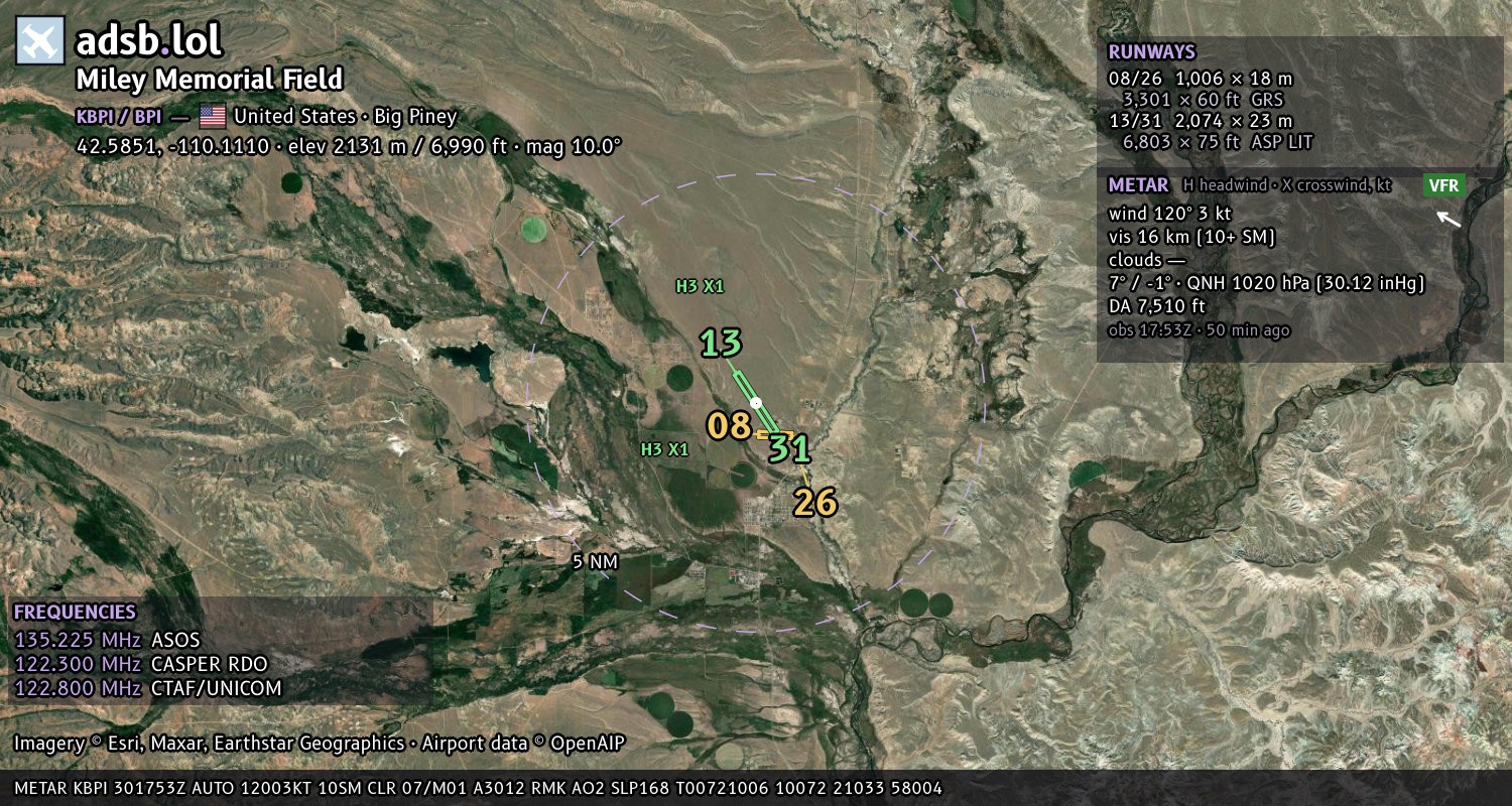 Satellite map with the runway layout of Miley Memorial Field (KBPI)