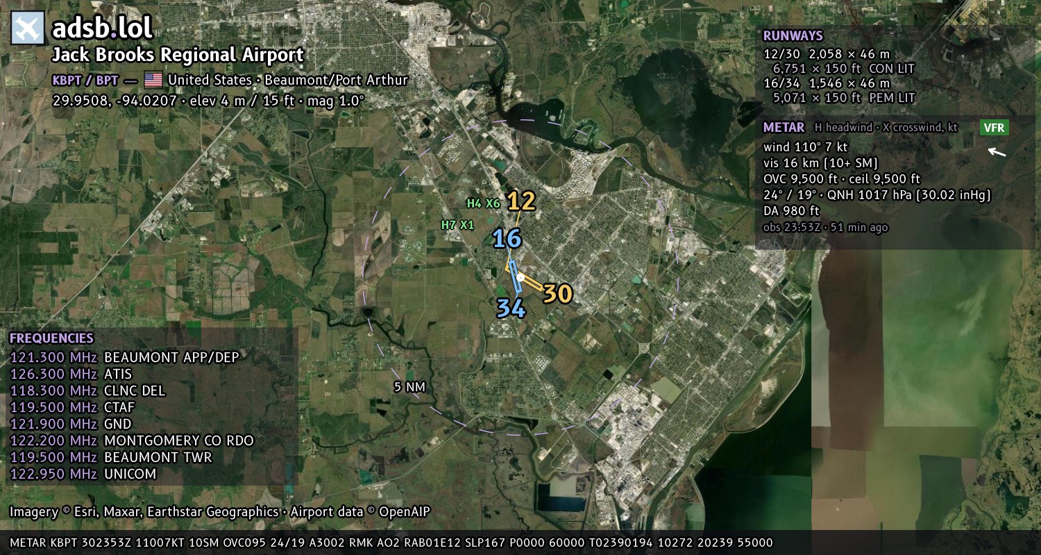 Satellite map with the runway layout of Jack Brooks Regional Airport (KBPT)