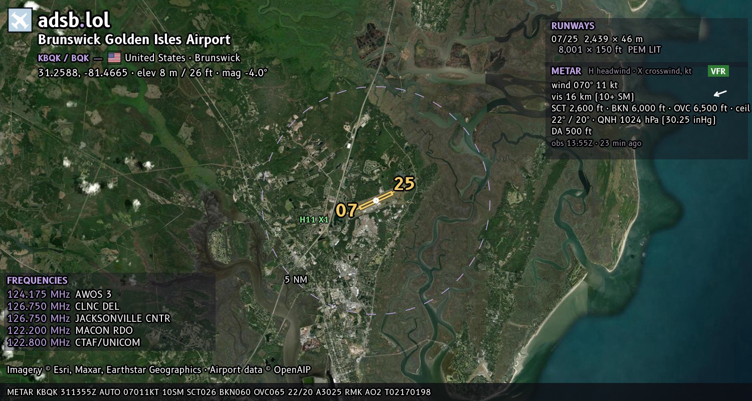 Satellite map with the runway layout of Brunswick Golden Isles Airport (KBQK)