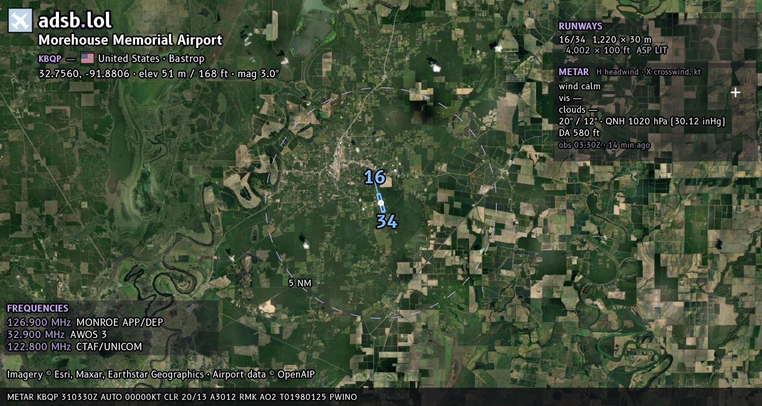 Satellite map with the runway layout of Morehouse Memorial Airport (KBQP)