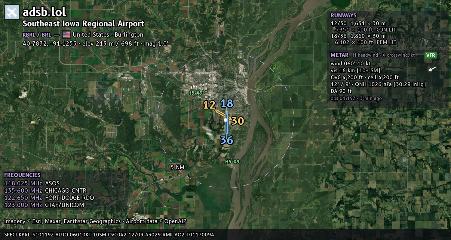 Satellite map with the runway layout of Southeast Iowa Regional Airport (KBRL)