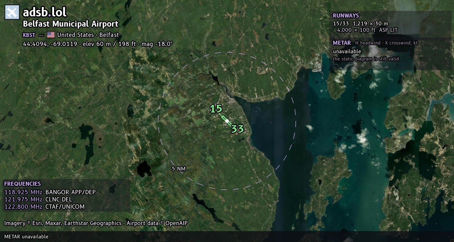 Satellite map with the runway layout of Belfast Municipal Airport (KBST)