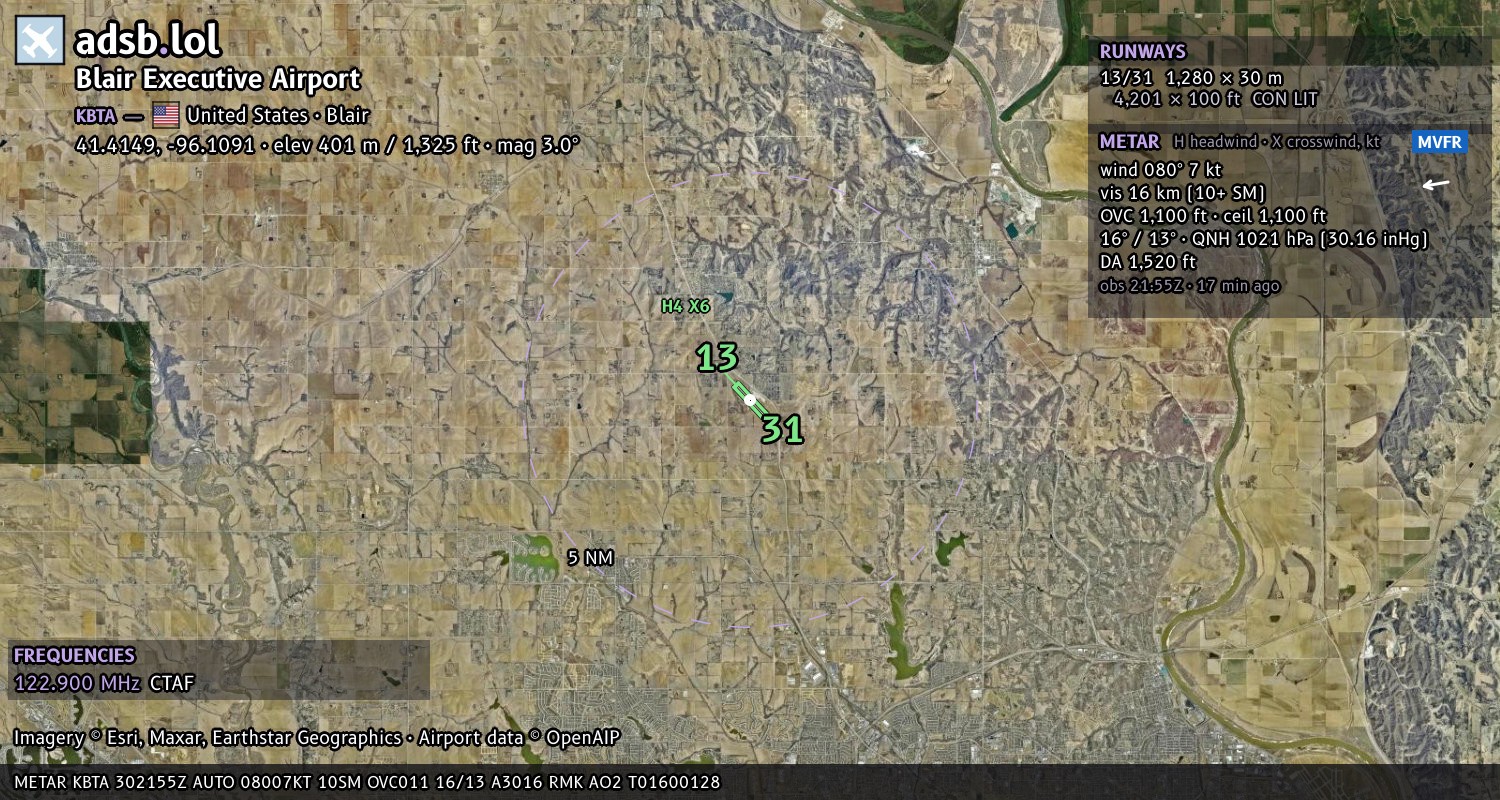 Satellite map with the runway layout of Blair Executive Airport (KBTA)