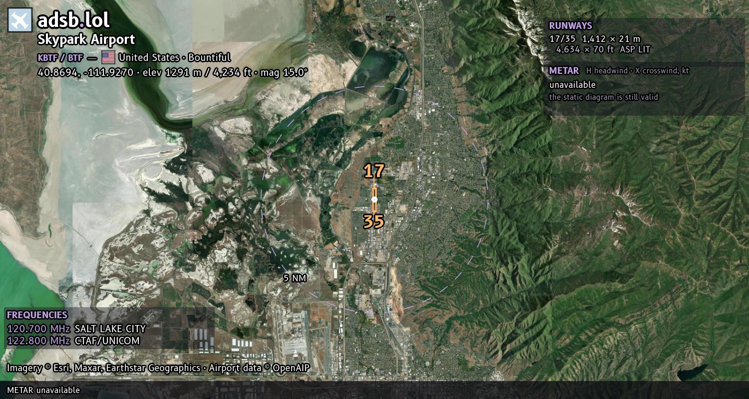 Satellite map with the runway layout of Skypark Airport (KBTF)