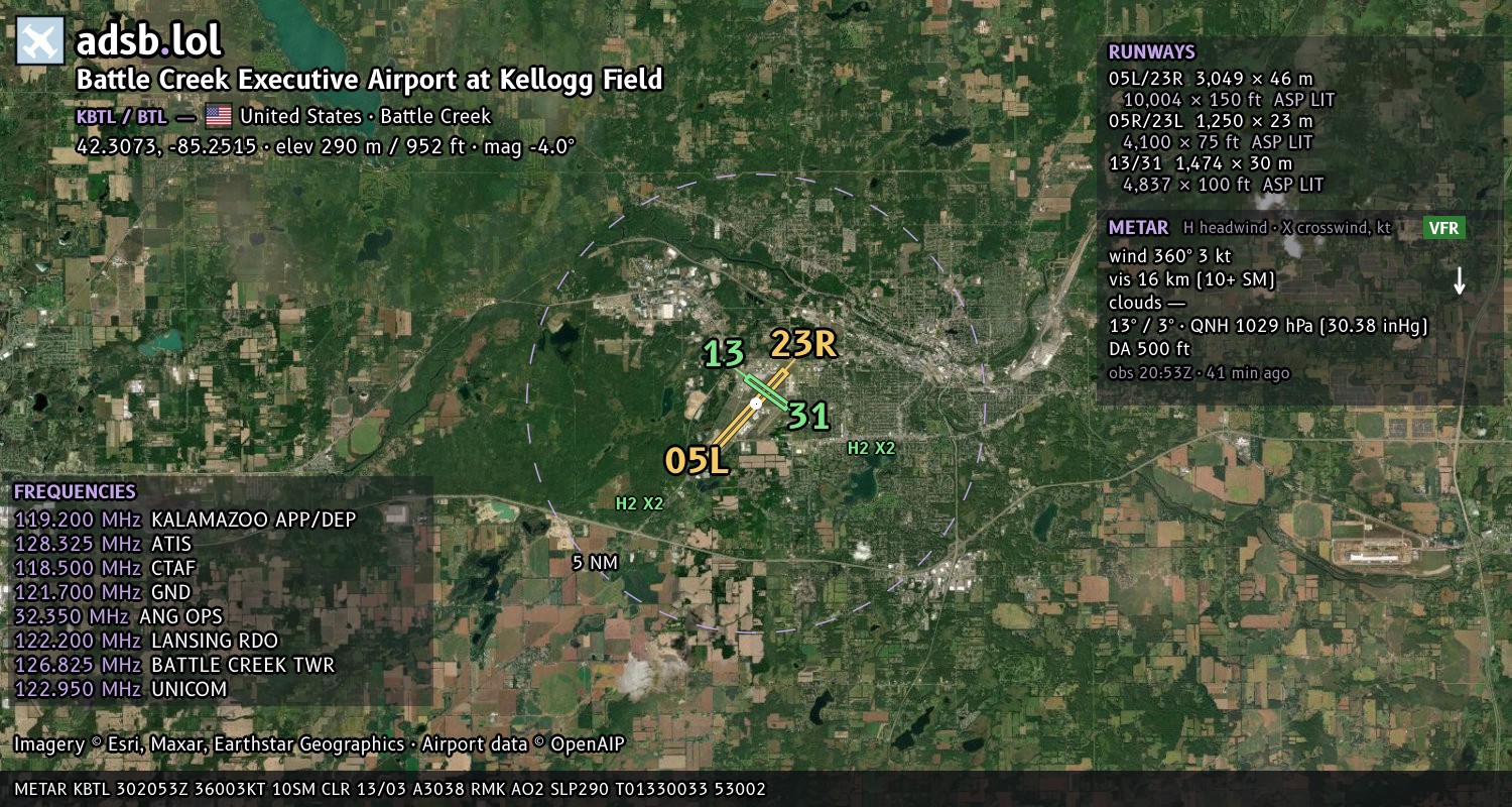 Satellite map with the runway layout of Battle Creek Executive Airport at Kellogg Field (KBTL)