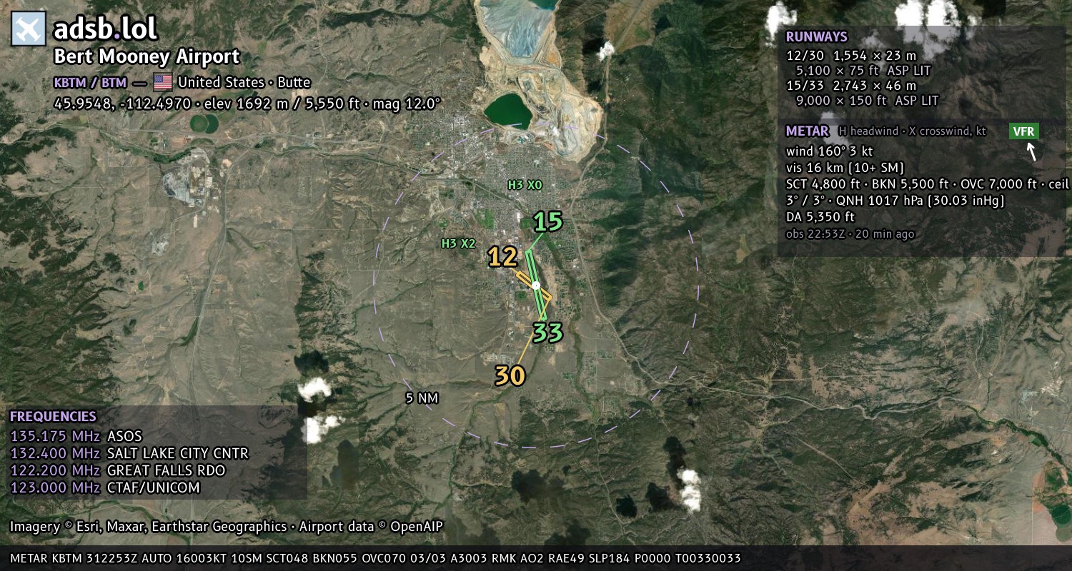 Satellite map with the runway layout of Bert Mooney Airport (KBTM)