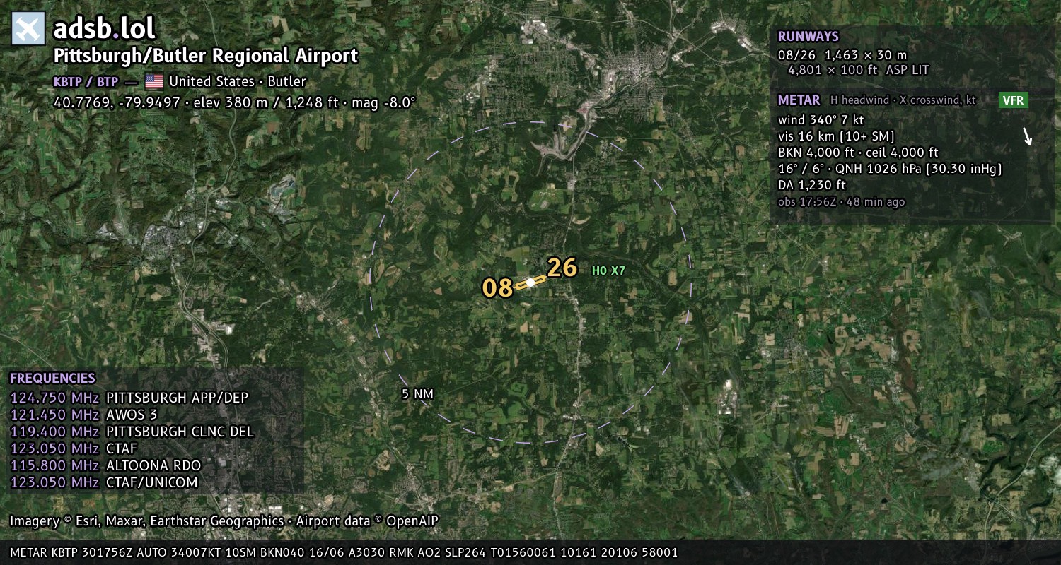 Satellite map with the runway layout of Pittsburgh/Butler Regional Airport (KBTP)